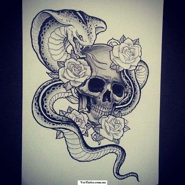 Тату череп, змея и розы